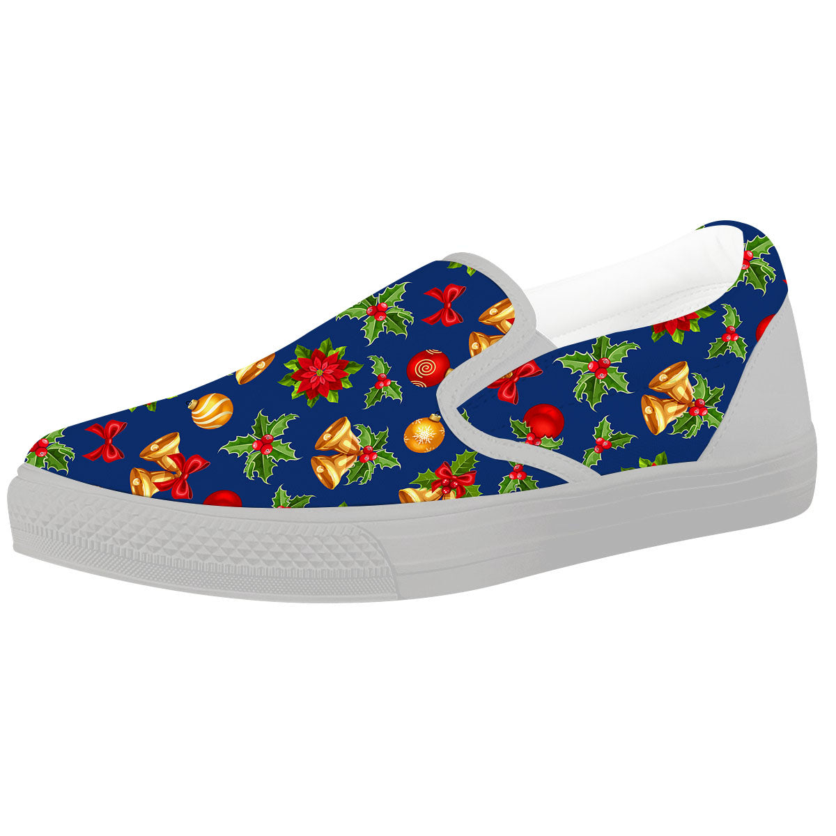 Poinsettia Merry Christmas Print Pattern White Slip On Shoes-grizzshop