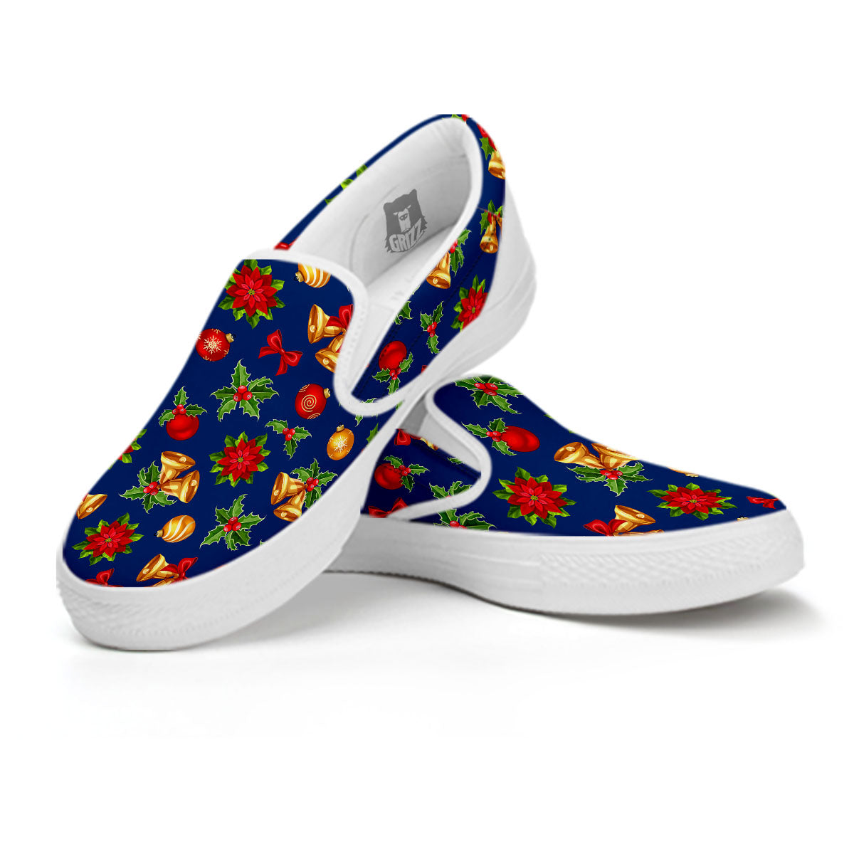 Poinsettia Merry Christmas Print Pattern White Slip On Shoes-grizzshop
