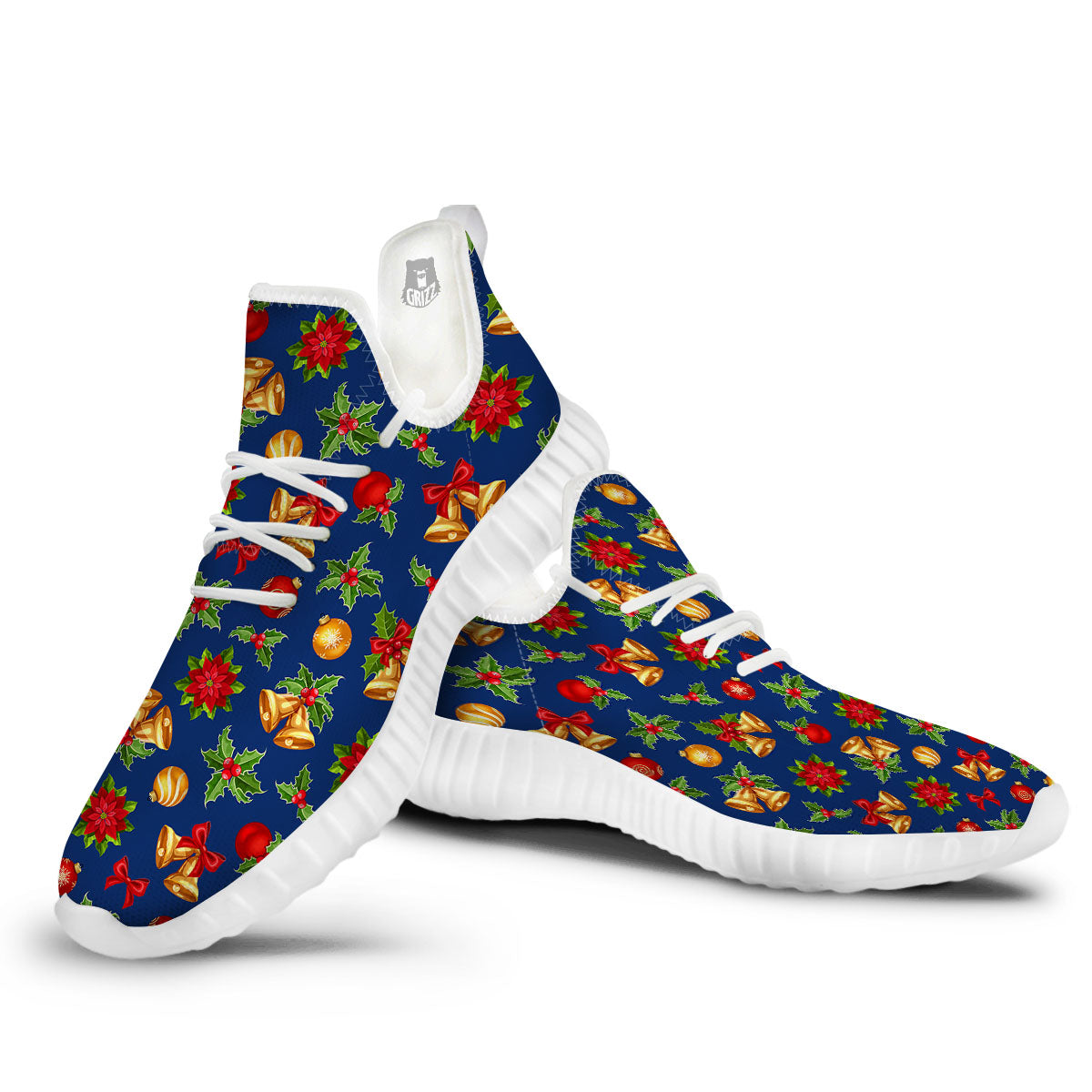 Poinsettia Merry Christmas Print Pattern White Walking Shoes-grizzshop