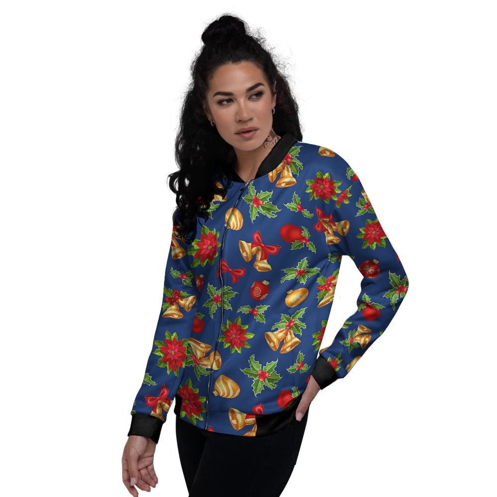 Poinsettia Merry Christmas Print Pattern Women's Bomber Jacket-grizzshop