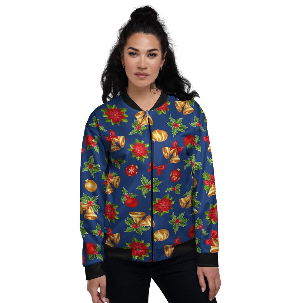 Poinsettia Merry Christmas Print Pattern Women's Bomber Jacket-grizzshop