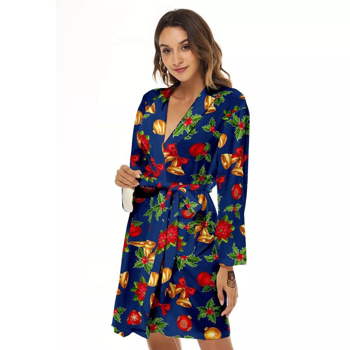 Poinsettia Merry Christmas Print Pattern Women's Robe-grizzshop