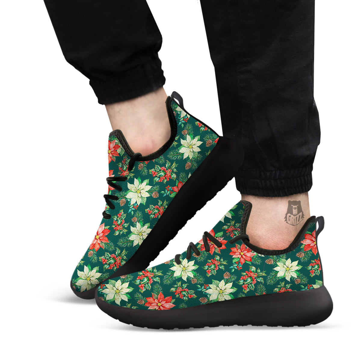 Poinsettia Watercolor Print Pattern Black Athletic Shoes-grizzshop