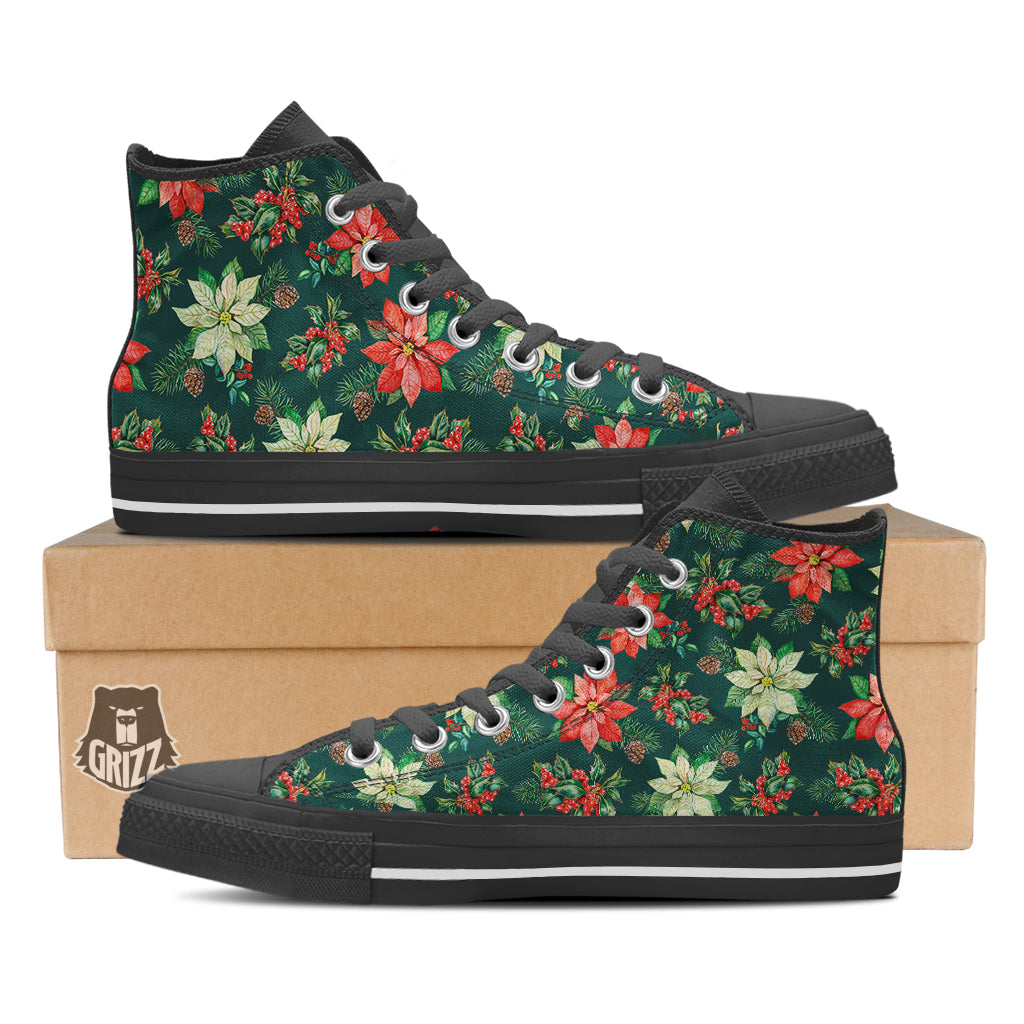 Poinsettia Watercolor Print Pattern Black High Top Shoes-grizzshop
