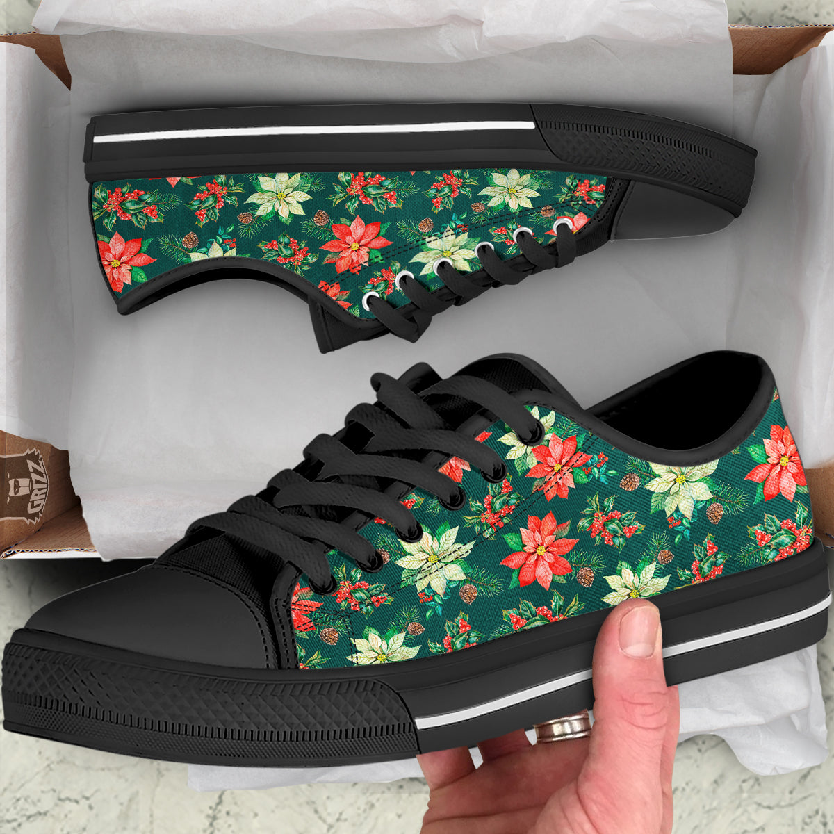 Poinsettia Watercolor Print Pattern Black Low Top Shoes-grizzshop