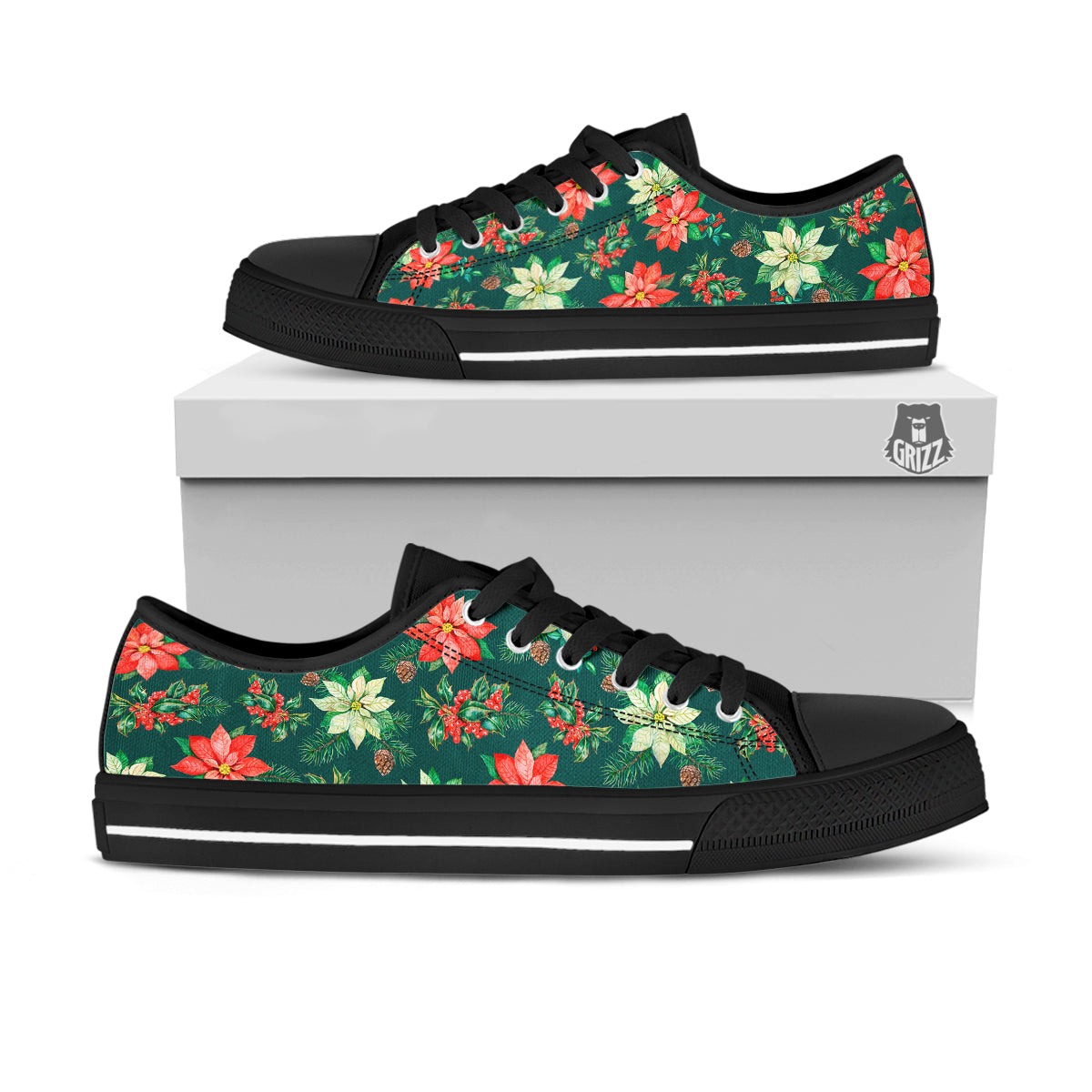 Poinsettia Watercolor Print Pattern Black Low Top Shoes-grizzshop