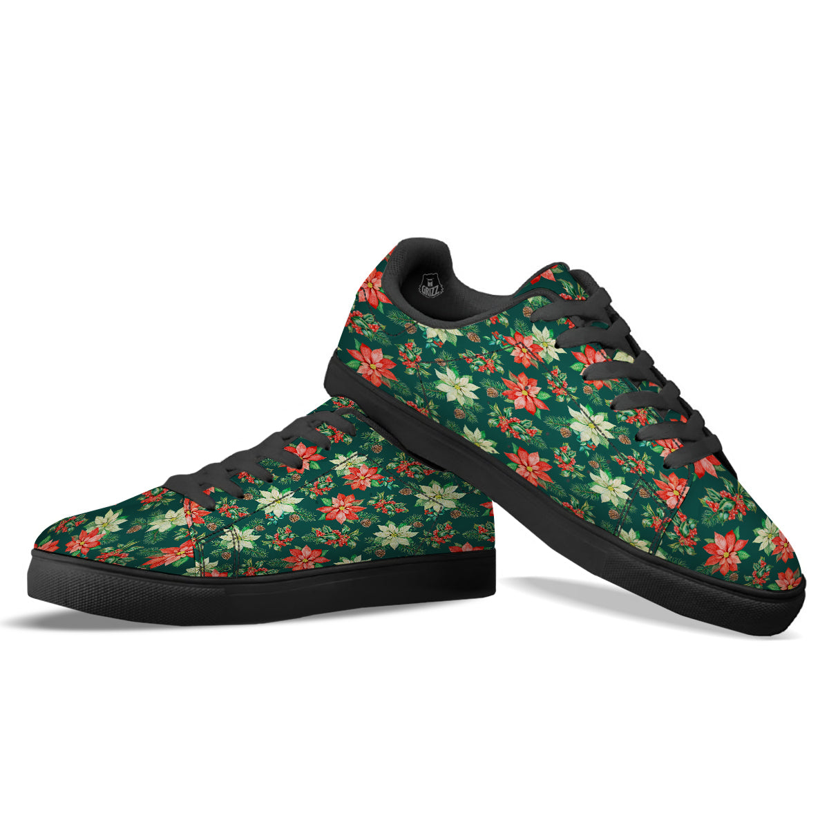 Poinsettia Watercolor Print Pattern Black Low Top Sneakers-grizzshop