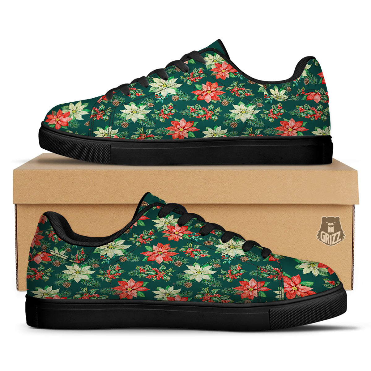 Poinsettia Watercolor Print Pattern Black Low Top Sneakers-grizzshop