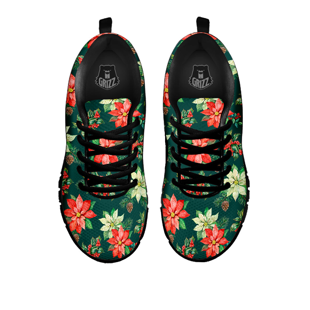 Poinsettia Watercolor Print Pattern Black Sneaker-grizzshop