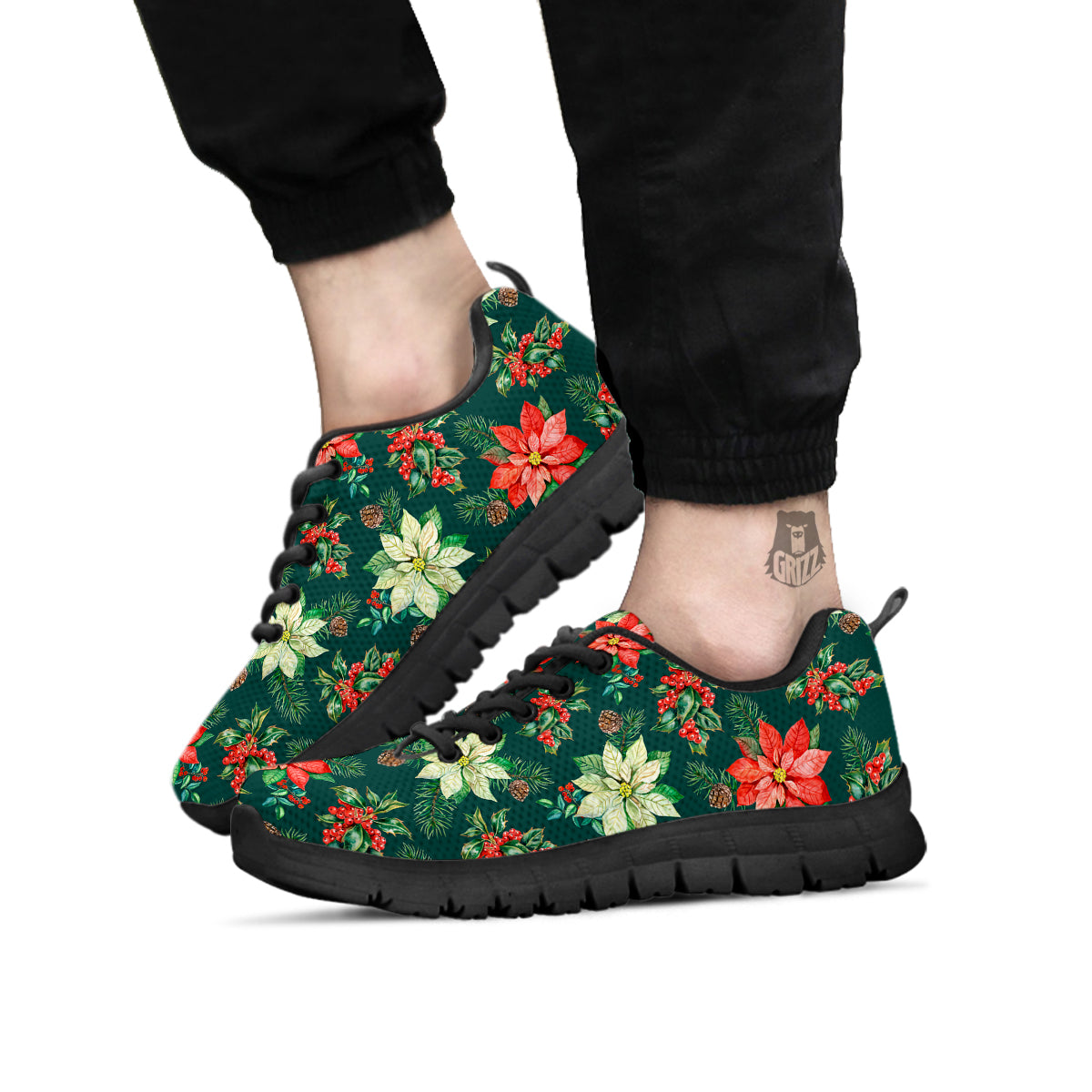 Poinsettia Watercolor Print Pattern Black Sneaker-grizzshop