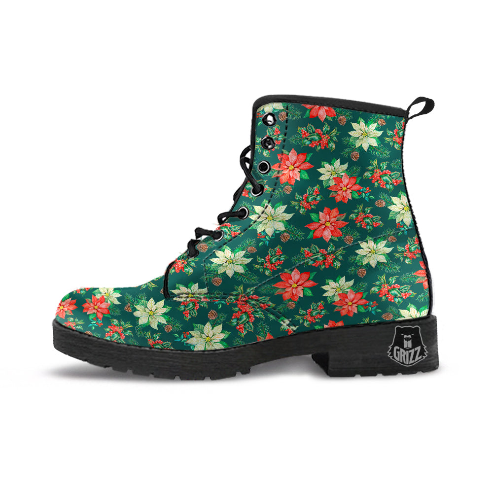Poinsettia Watercolor Print Pattern Leather Boots-grizzshop