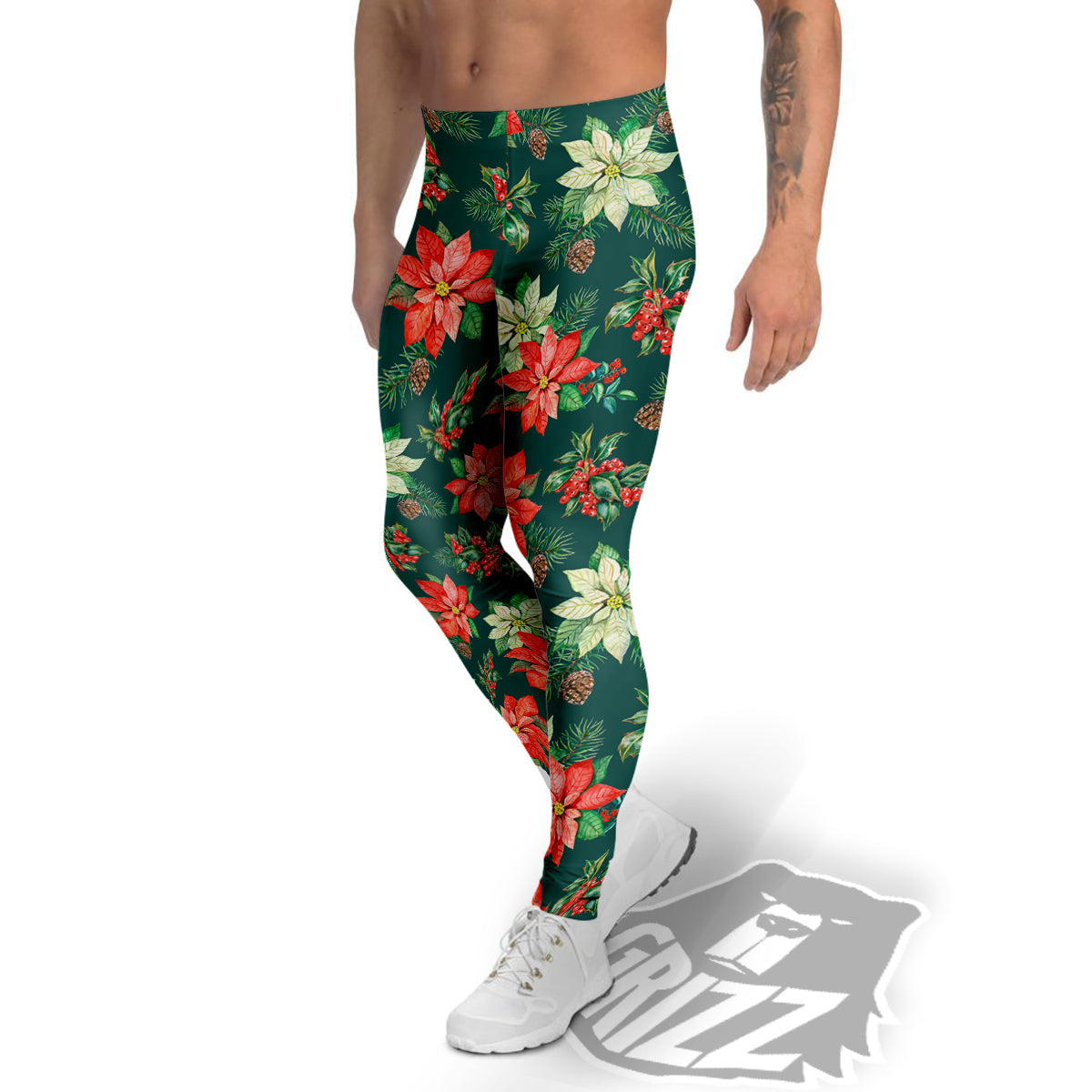 Poinsettia Watercolor Print Pattern Men's Leggings-grizzshop