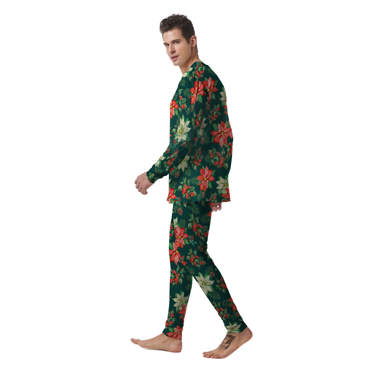 Poinsettia Watercolor Print Pattern Men's Pajamas-grizzshop