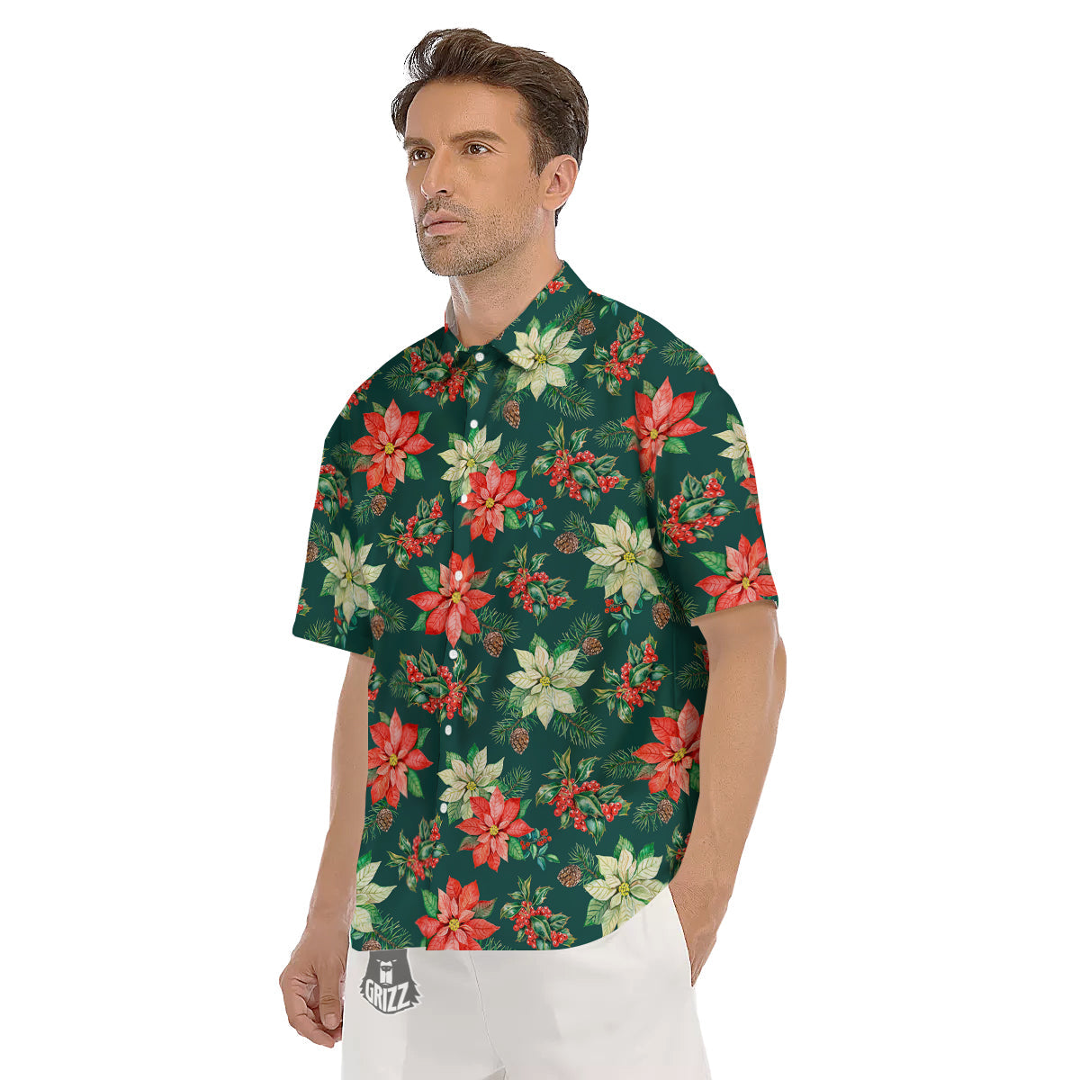 Poinsettia Watercolor Print Pattern Men's Short Sleeve Shirts-grizzshop