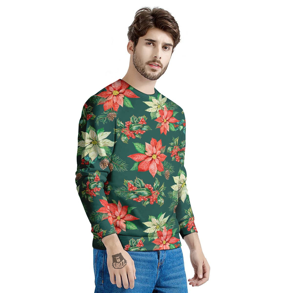 Poinsettia Watercolor Print Pattern Men's Sweatshirt-grizzshop