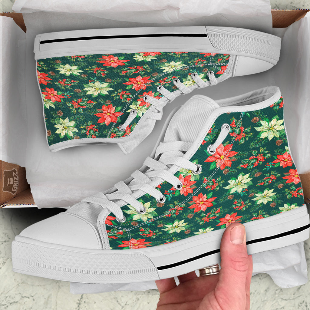 Poinsettia Watercolor Print Pattern White High Top Shoes-grizzshop