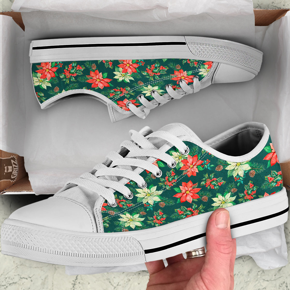 Poinsettia Watercolor Print Pattern White Low Top Shoes-grizzshop