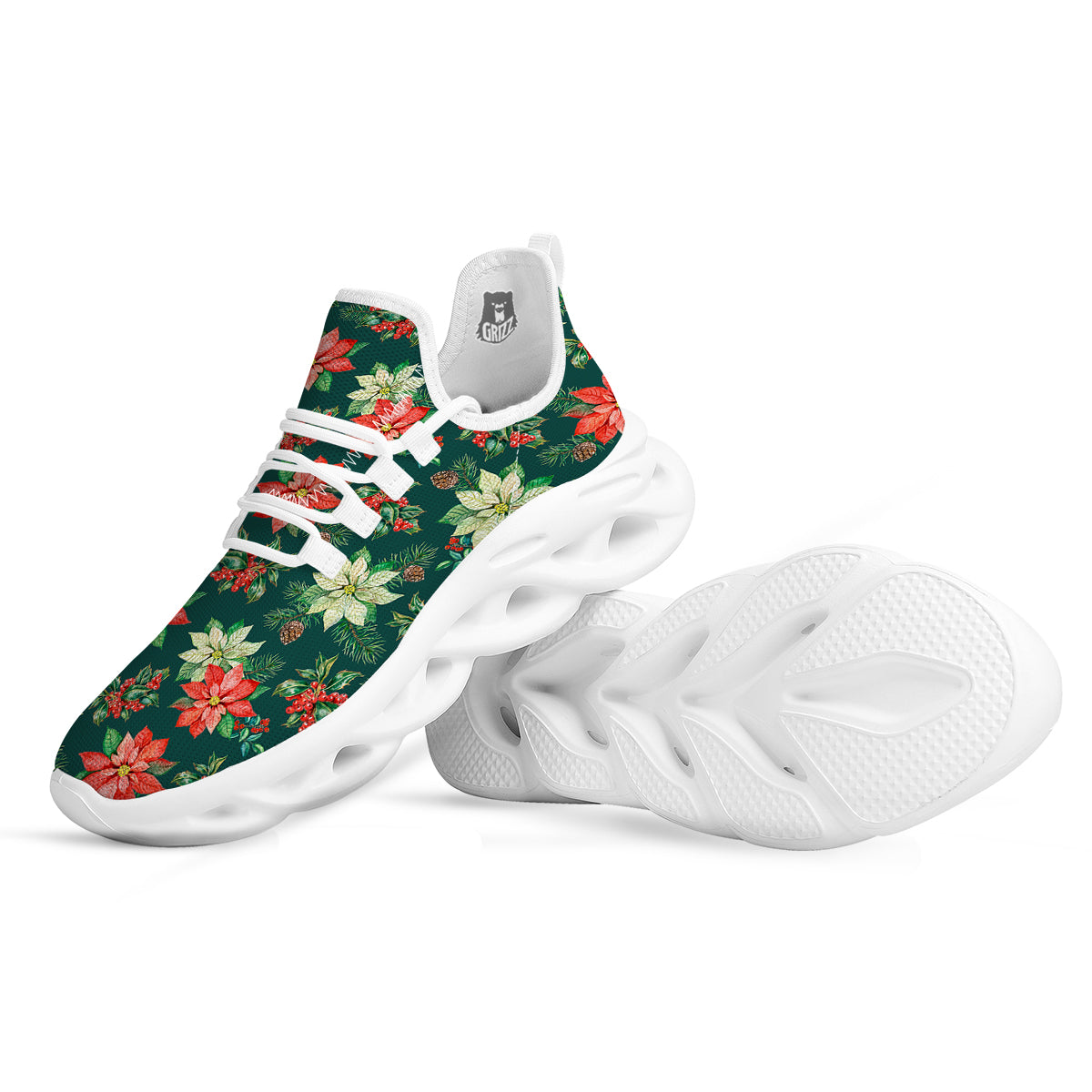 Poinsettia Watercolor Print Pattern White Running Shoes-grizzshop