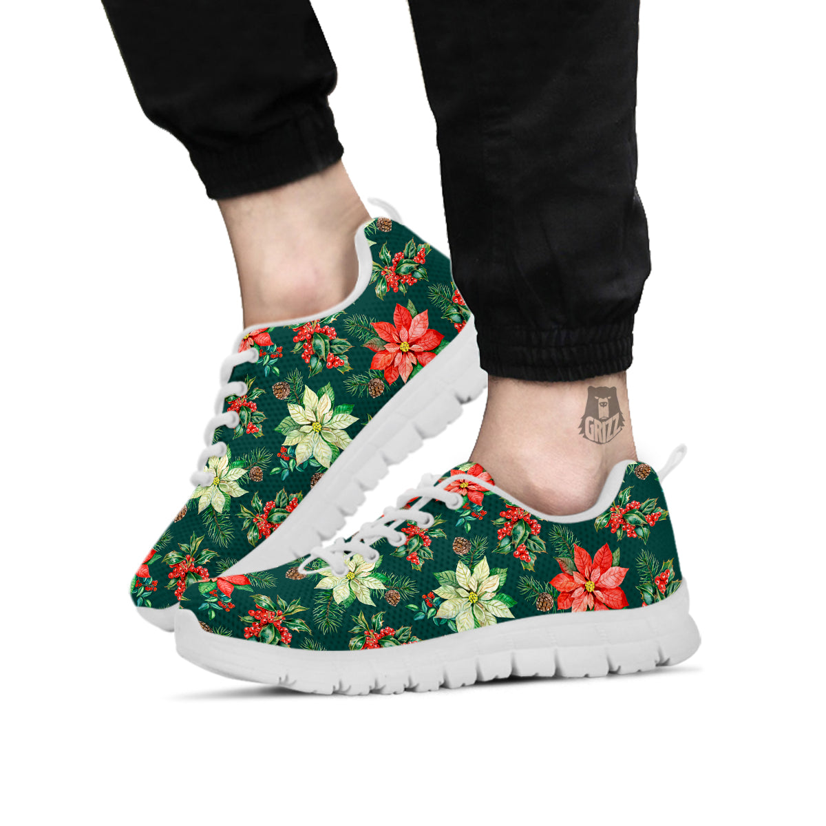 Poinsettia Watercolor Print Pattern White Sneaker-grizzshop