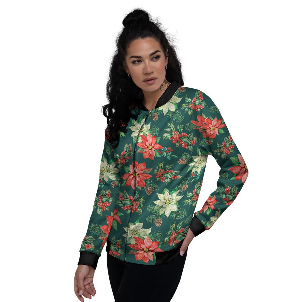 Poinsettia Watercolor Print Pattern Women's Bomber Jacket-grizzshop