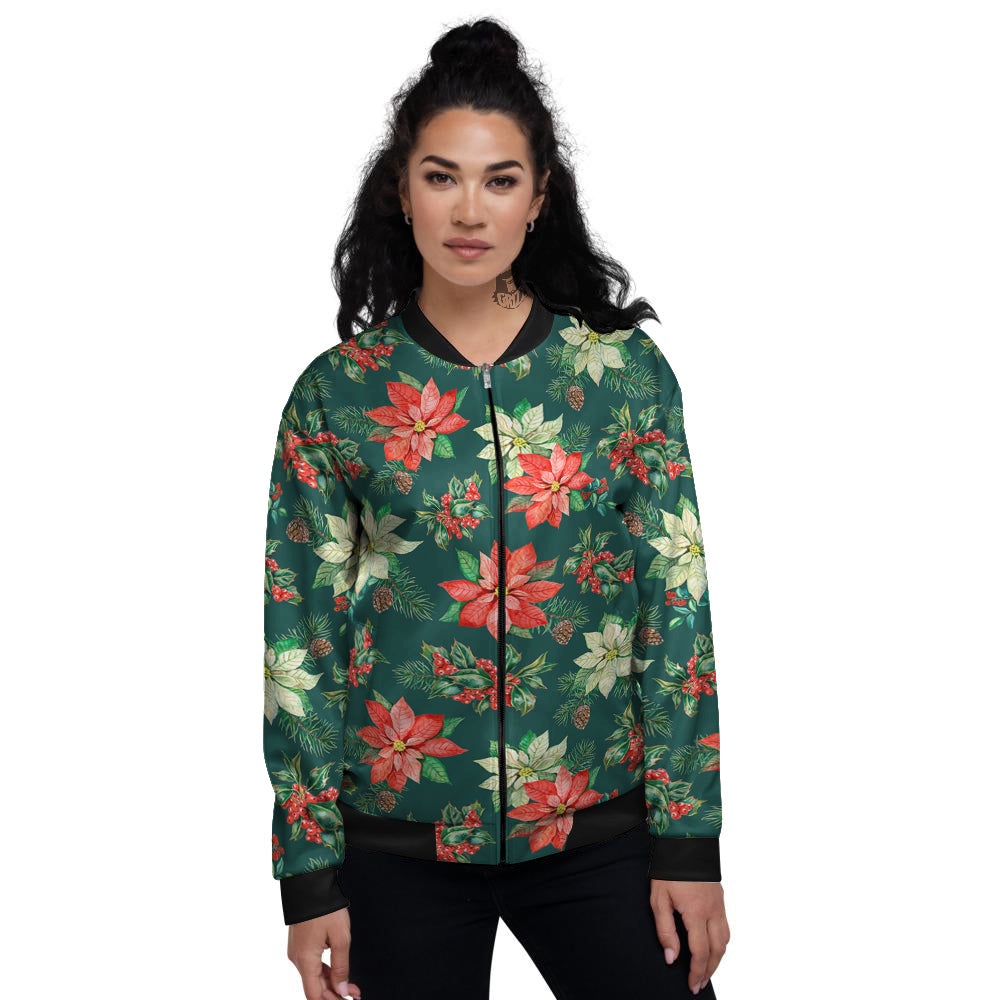 Poinsettia Watercolor Print Pattern Women's Bomber Jacket-grizzshop