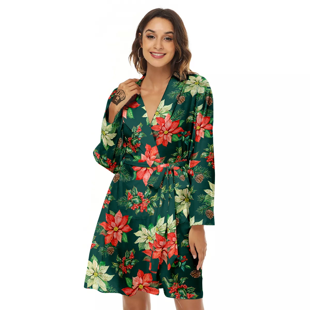 Poinsettia Watercolor Print Pattern Women's Robe-grizzshop