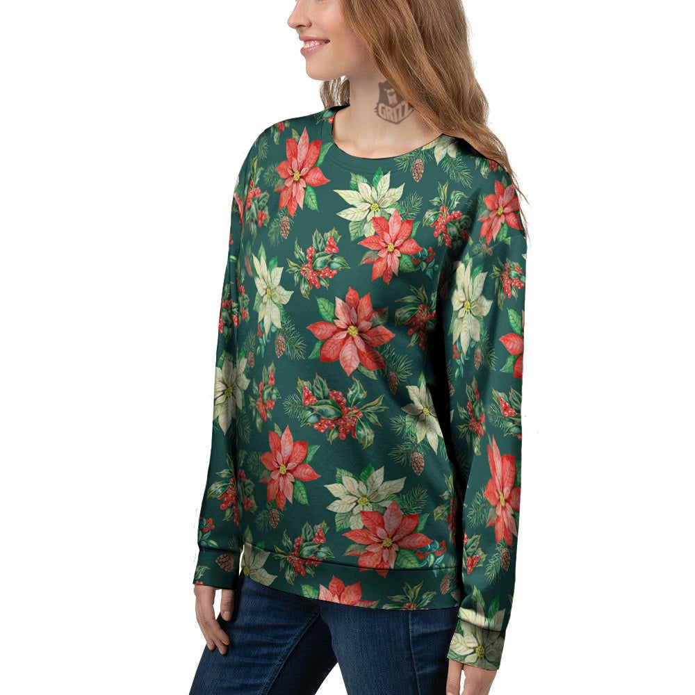 Poinsettia Watercolor Print Pattern Women's Sweatshirt-grizzshop