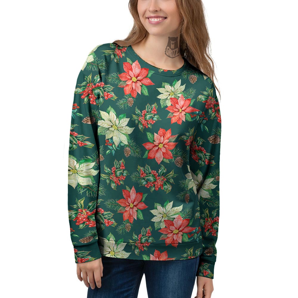 Poinsettia Watercolor Print Pattern Women's Sweatshirt-grizzshop