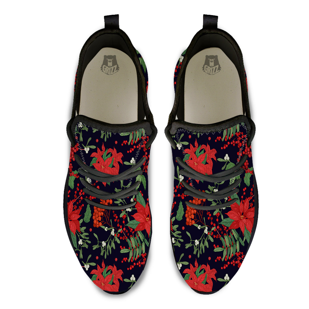 Poinsettia Xmas Print Pattern Black Athletic Shoes-grizzshop