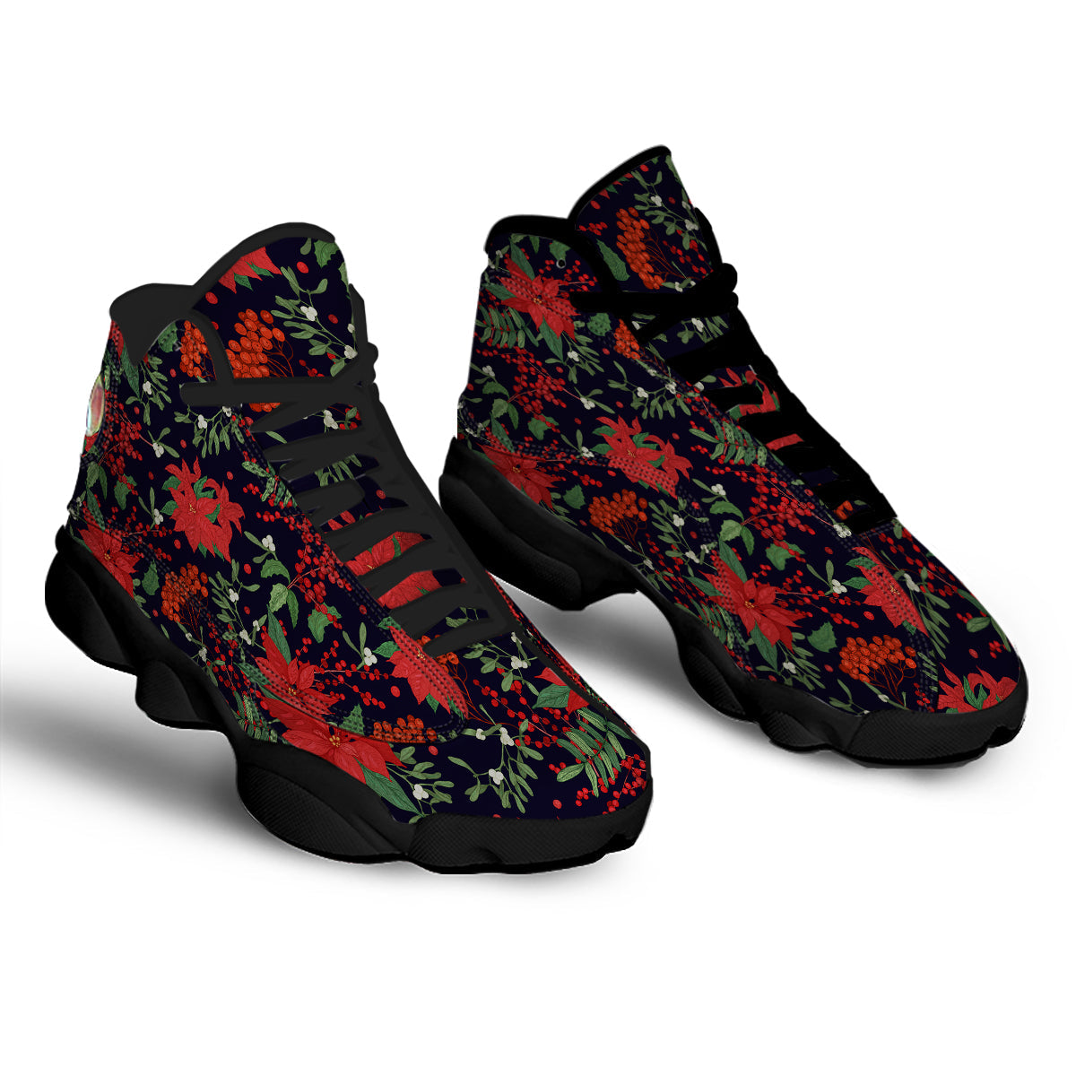 Poinsettia Xmas Print Pattern Black Basketball Shoes-grizzshop