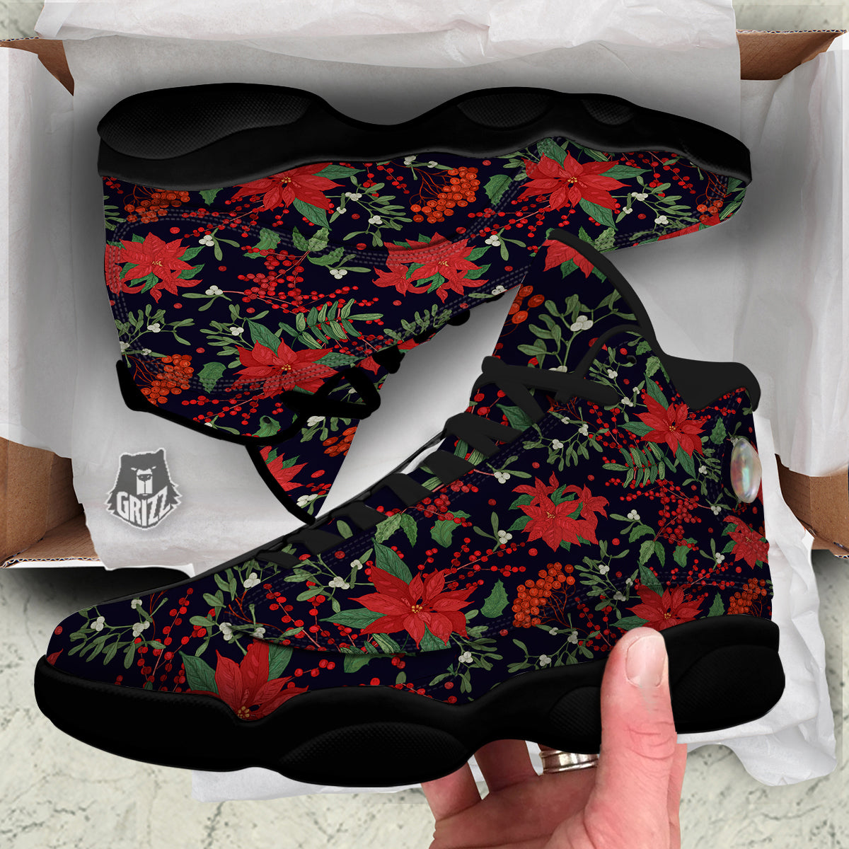 Poinsettia Xmas Print Pattern Black Basketball Shoes-grizzshop