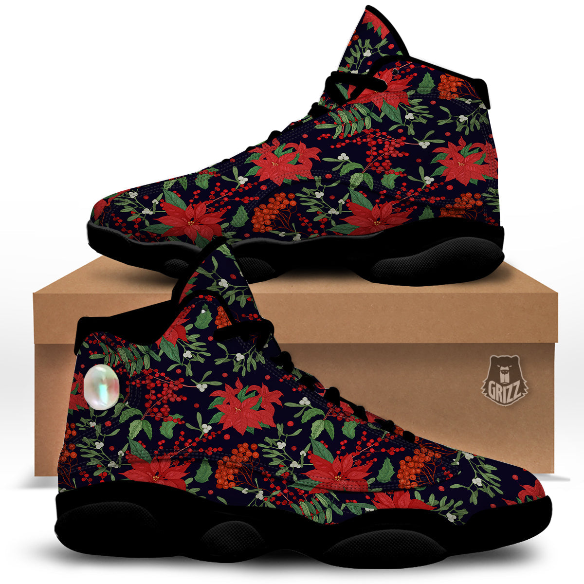 Poinsettia Xmas Print Pattern Black Basketball Shoes-grizzshop