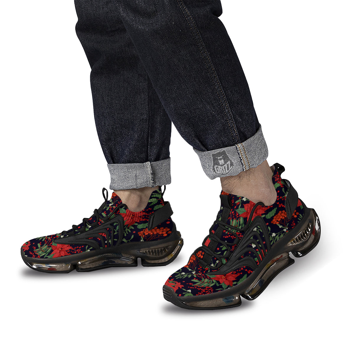 Poinsettia Xmas Print Pattern Black Gym Shoes-grizzshop