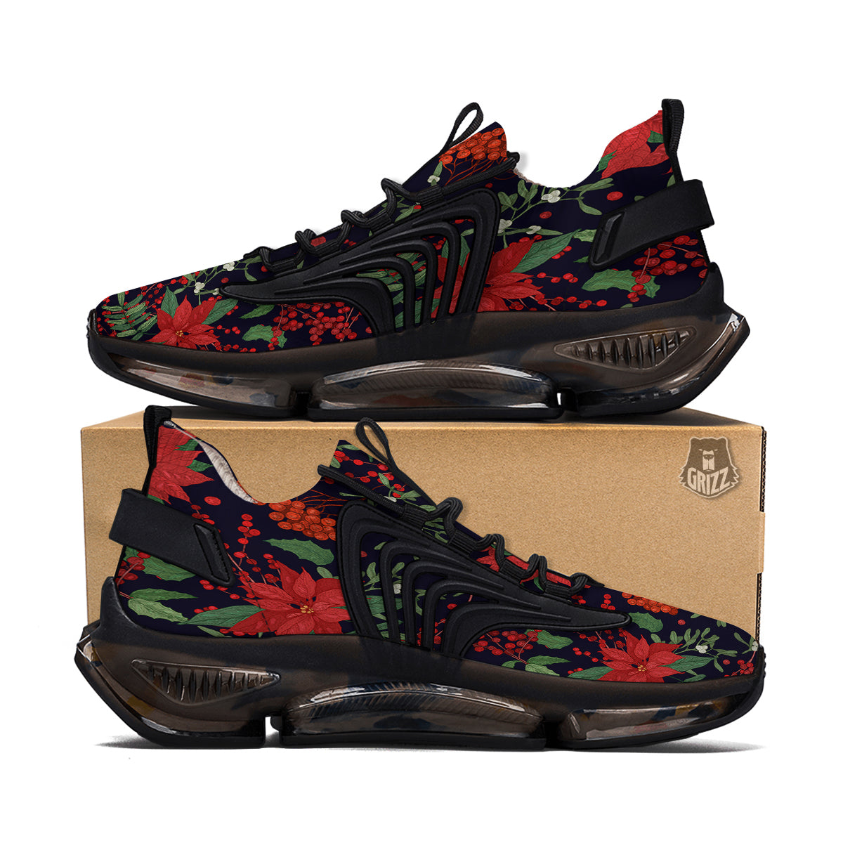 Poinsettia Xmas Print Pattern Black Gym Shoes-grizzshop