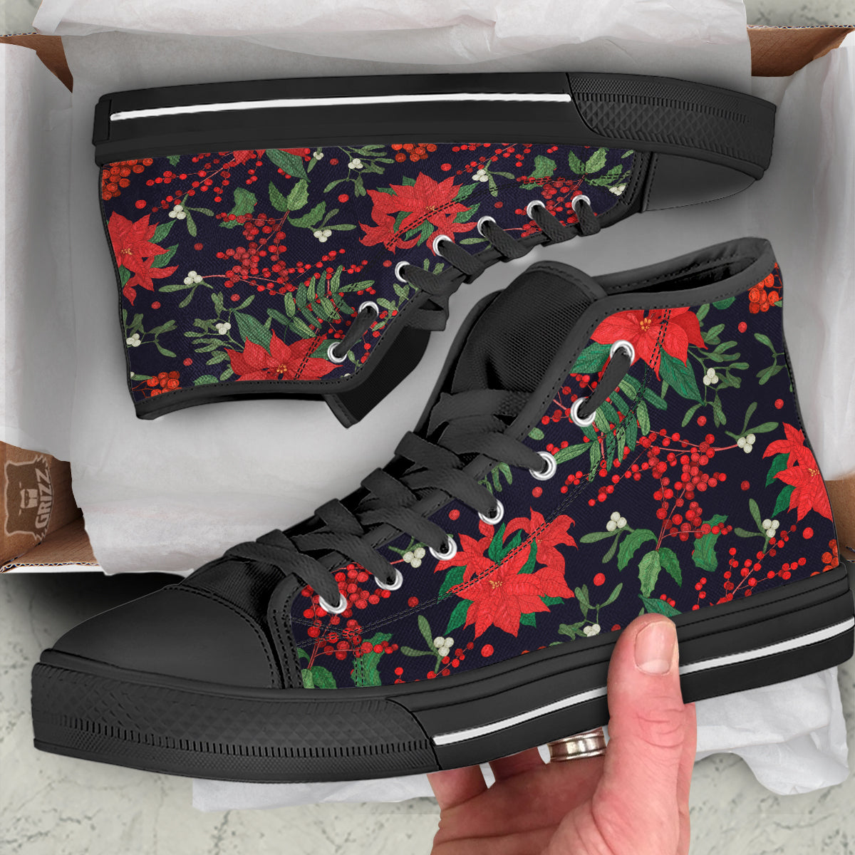 Poinsettia Xmas Print Pattern Black High Top Shoes-grizzshop