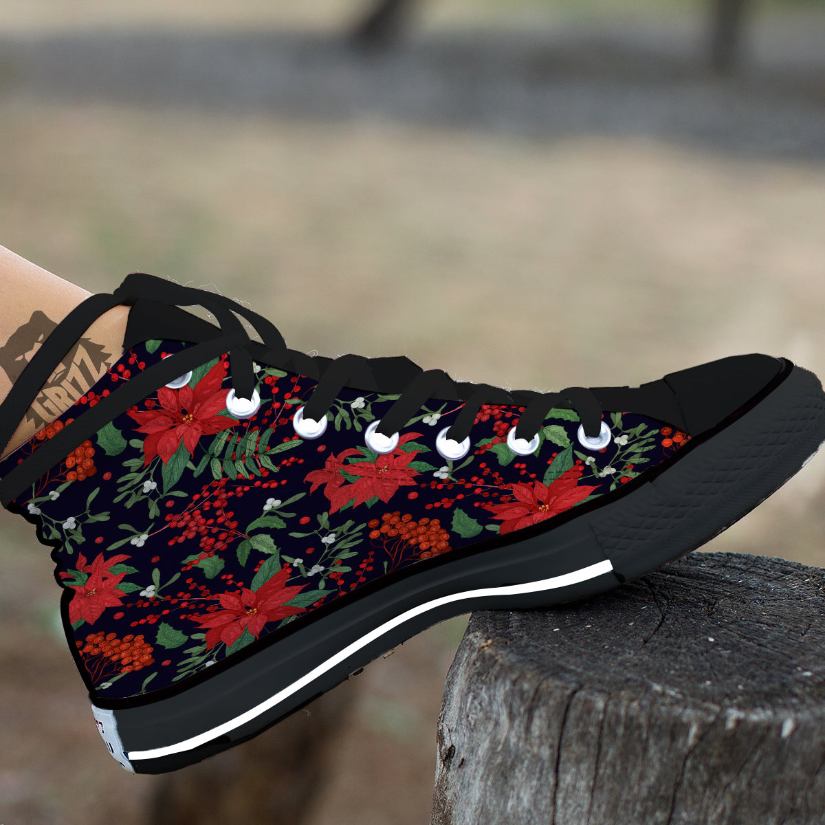 Poinsettia Xmas Print Pattern Black High Top Shoes-grizzshop