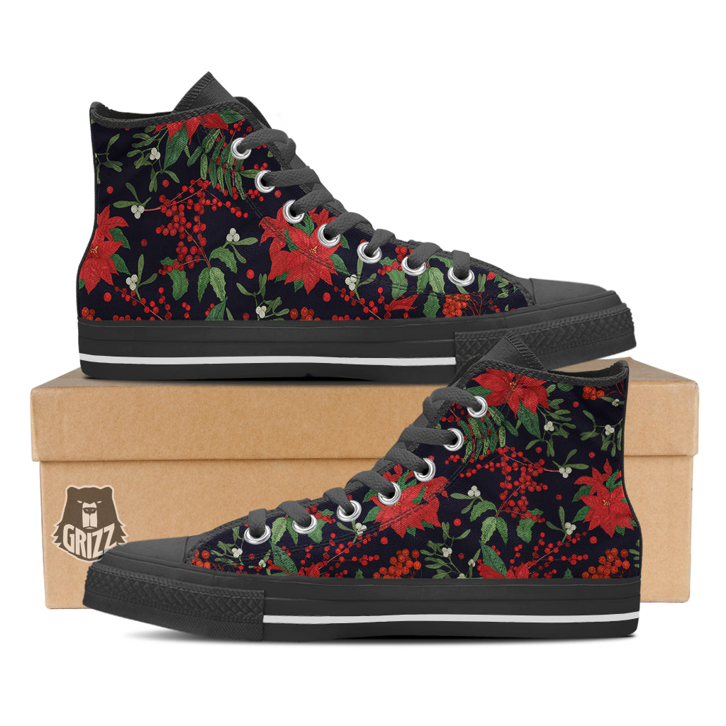 Poinsettia Xmas Print Pattern Black High Top Shoes-grizzshop