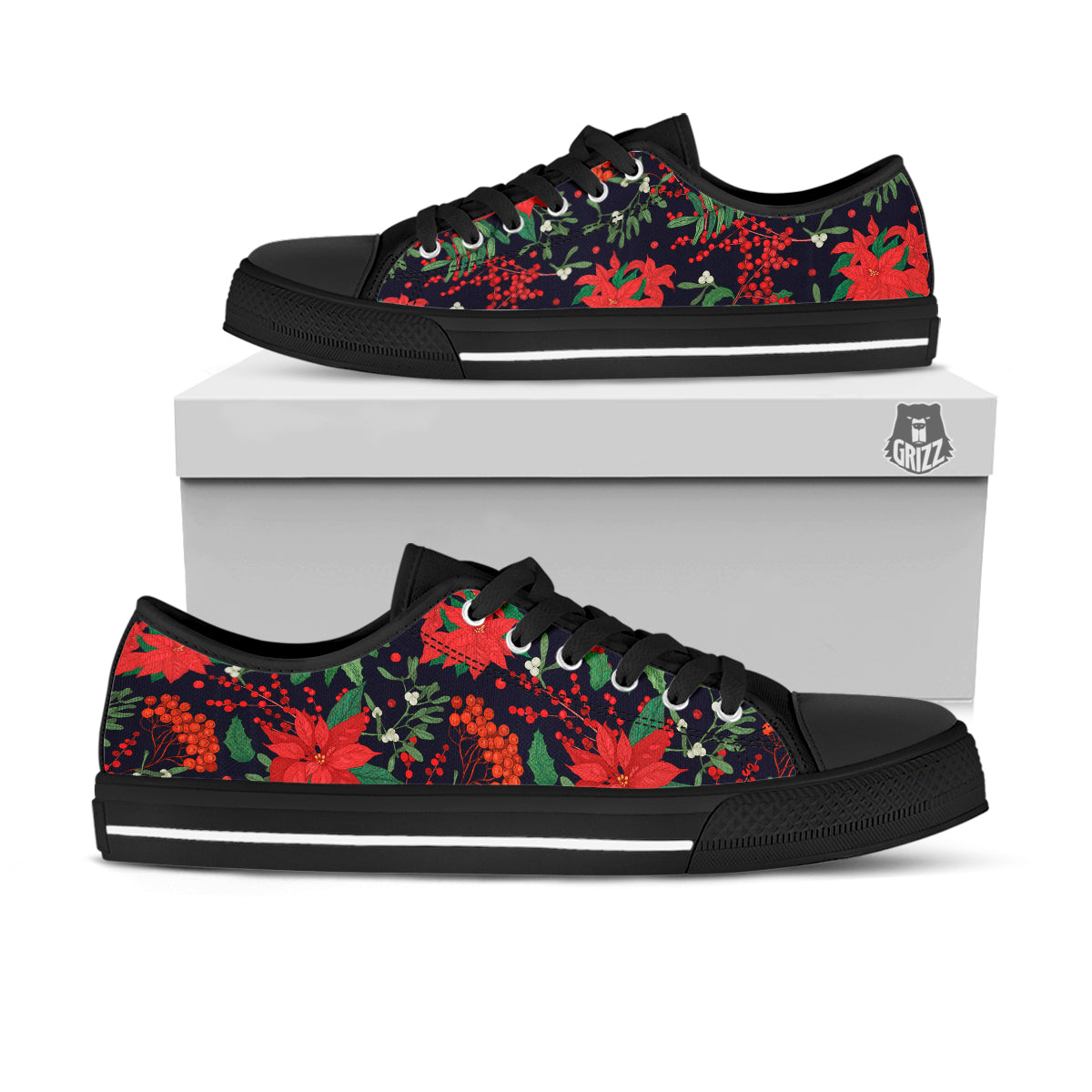 Poinsettia Xmas Print Pattern Black Low Top Shoes-grizzshop