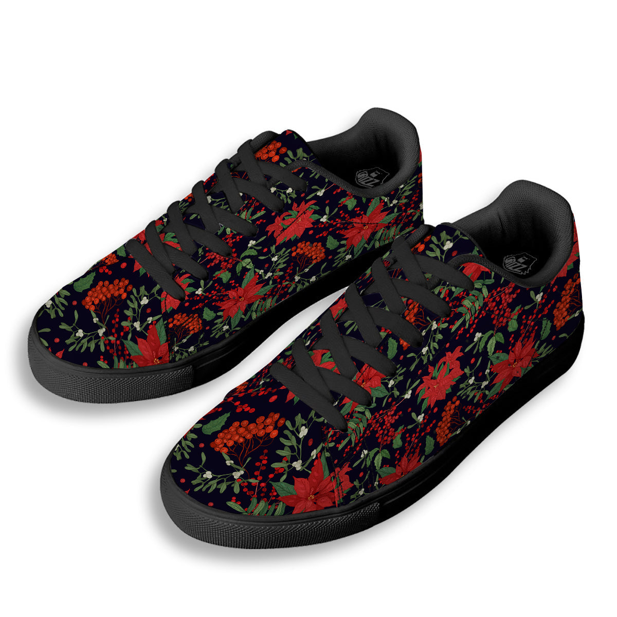 Poinsettia Xmas Print Pattern Black Low Top Sneakers-grizzshop