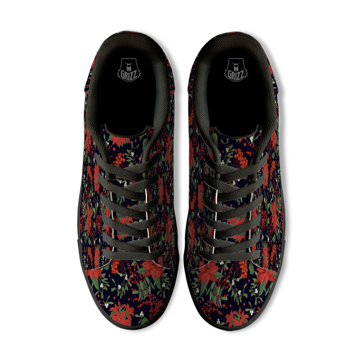 Poinsettia Xmas Print Pattern Black Low Top Sneakers-grizzshop