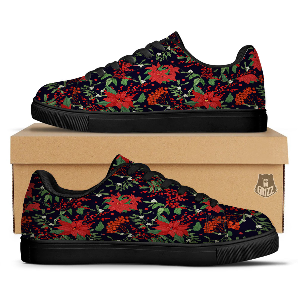 Poinsettia Xmas Print Pattern Black Low Top Sneakers-grizzshop