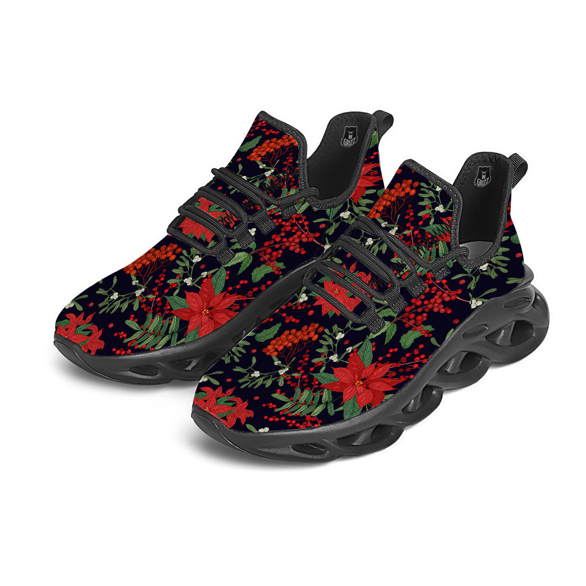 Poinsettia Xmas Print Pattern Black Running Shoes-grizzshop