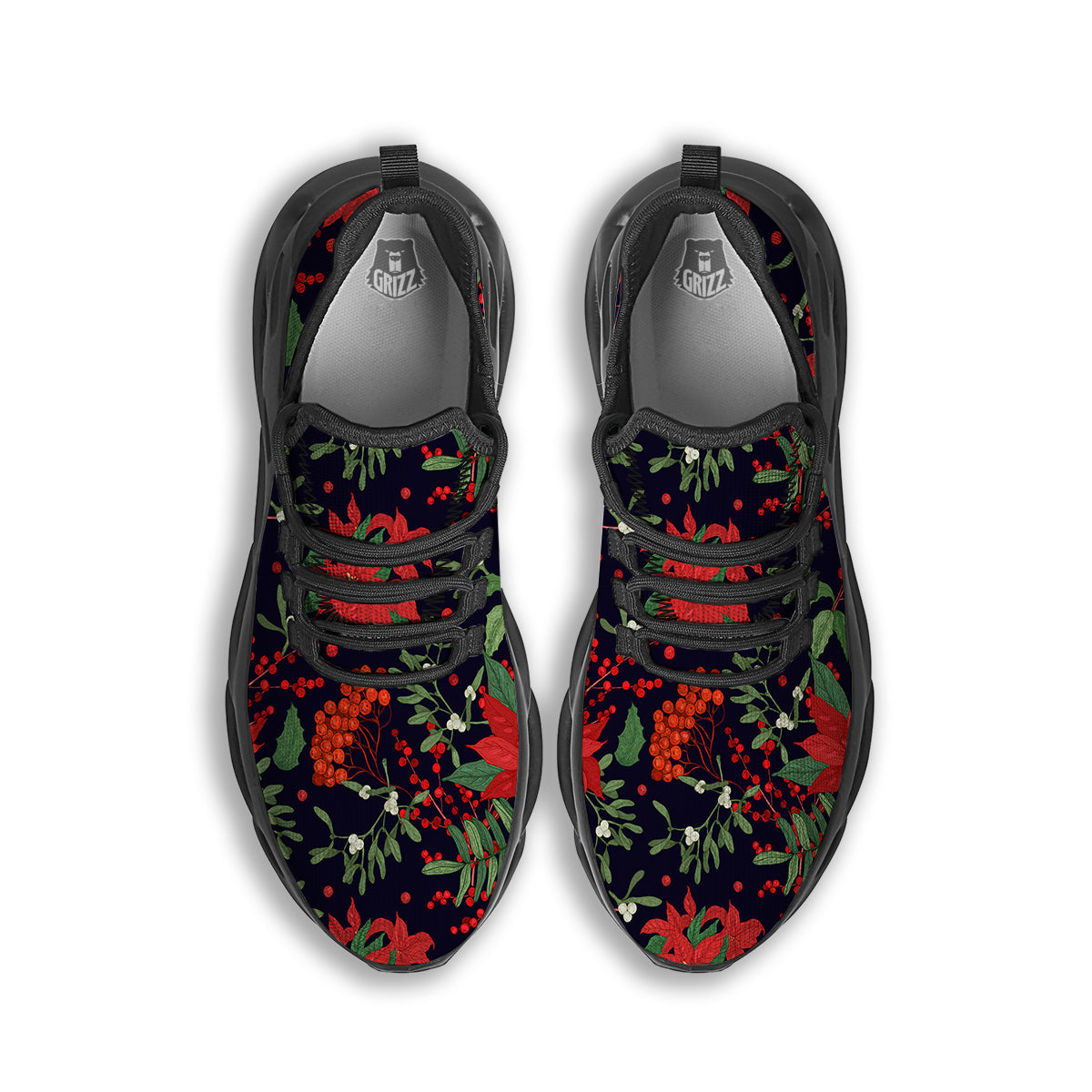 Poinsettia Xmas Print Pattern Black Running Shoes-grizzshop