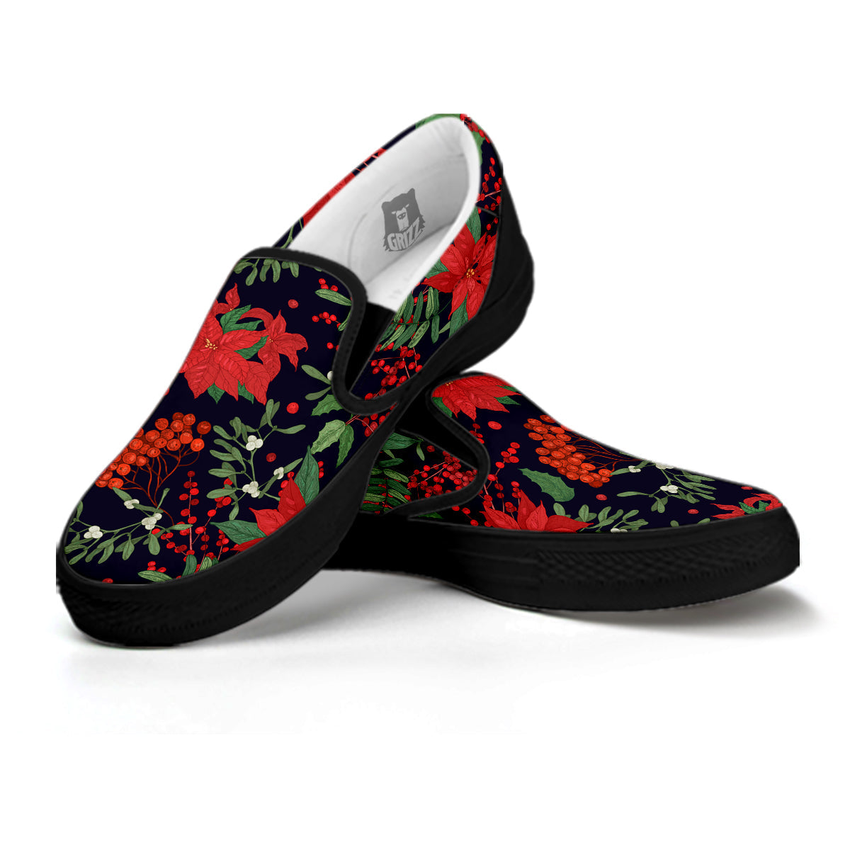 Poinsettia Xmas Print Pattern Black Slip On Shoes-grizzshop
