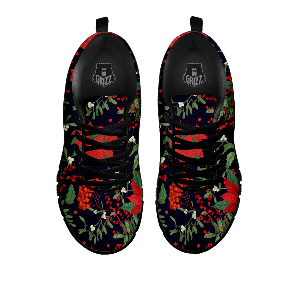 Poinsettia Xmas Print Pattern Black Sneaker-grizzshop