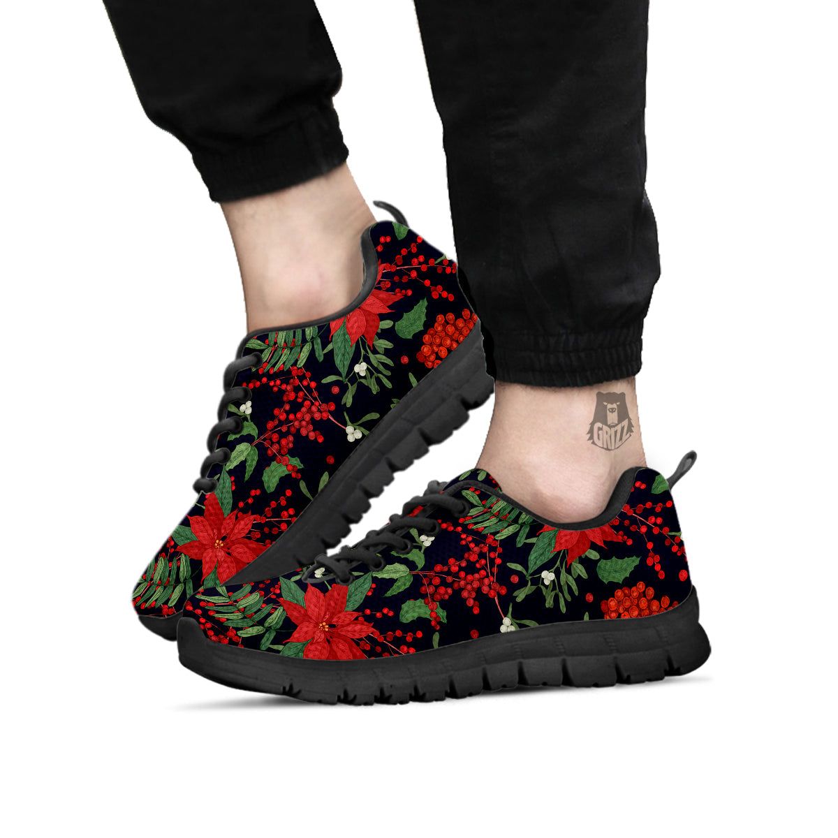 Poinsettia Xmas Print Pattern Black Sneaker-grizzshop