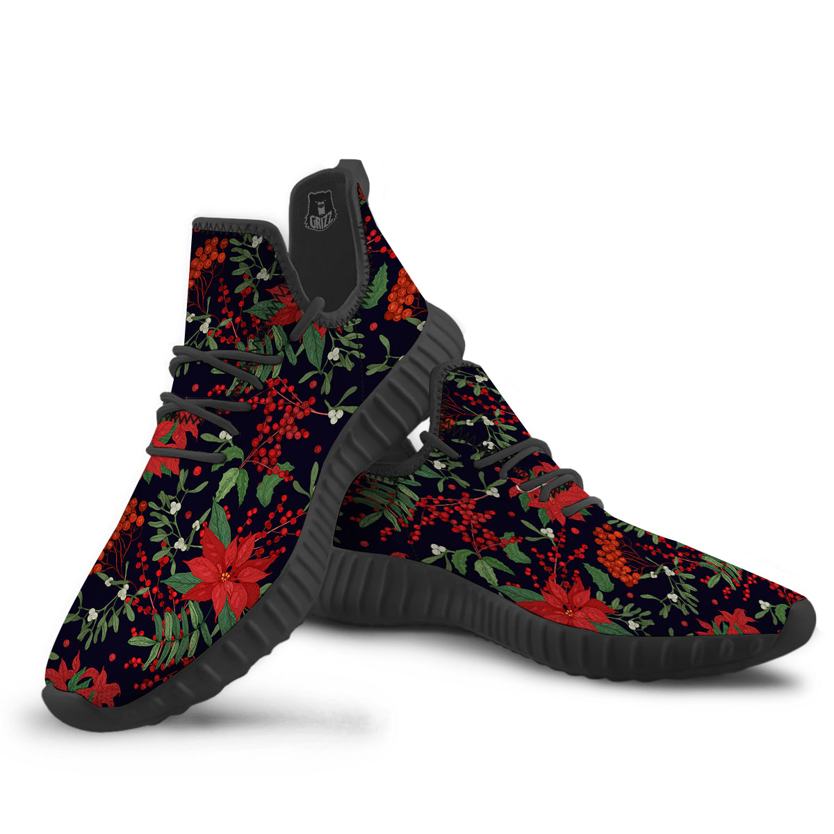 Poinsettia Xmas Print Pattern Black Walking Shoes-grizzshop