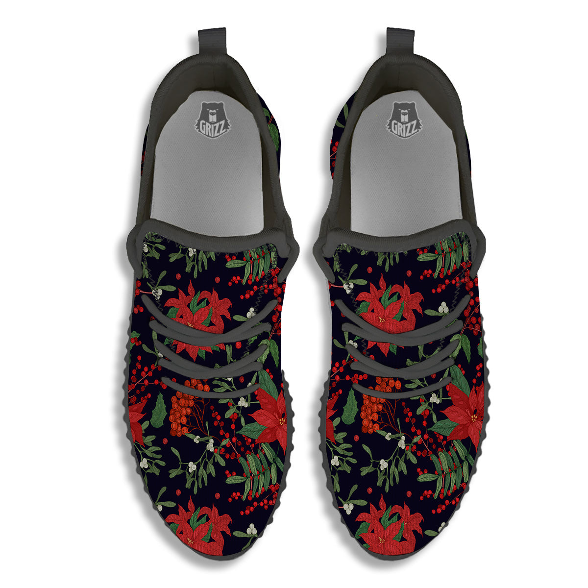 Poinsettia Xmas Print Pattern Black Walking Shoes-grizzshop