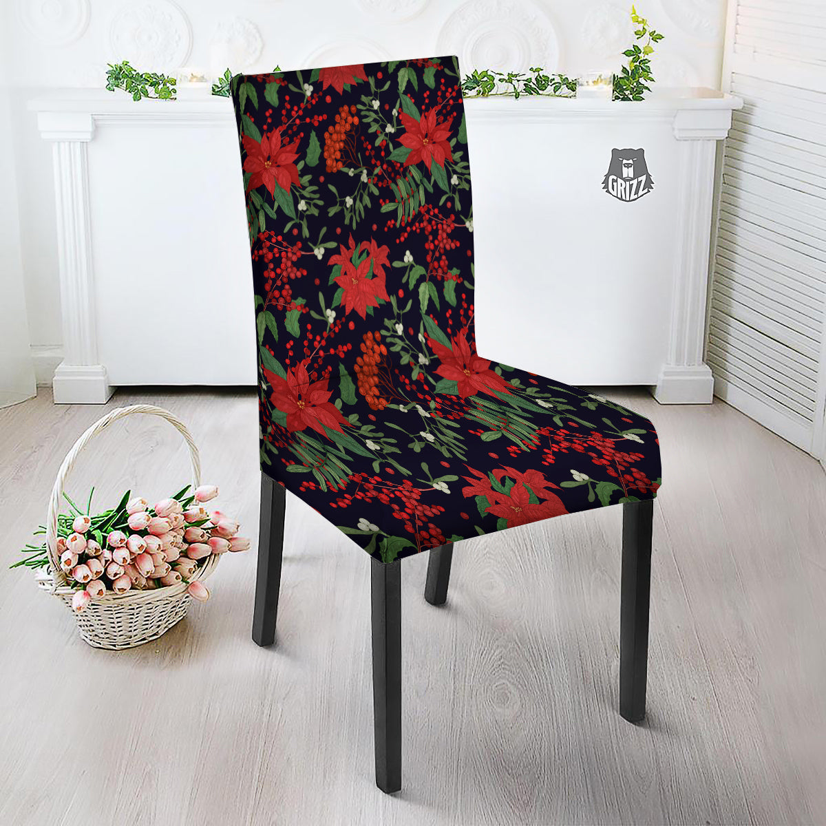 Poinsettia Xmas Print Pattern Dining Chair Slipcover-grizzshop