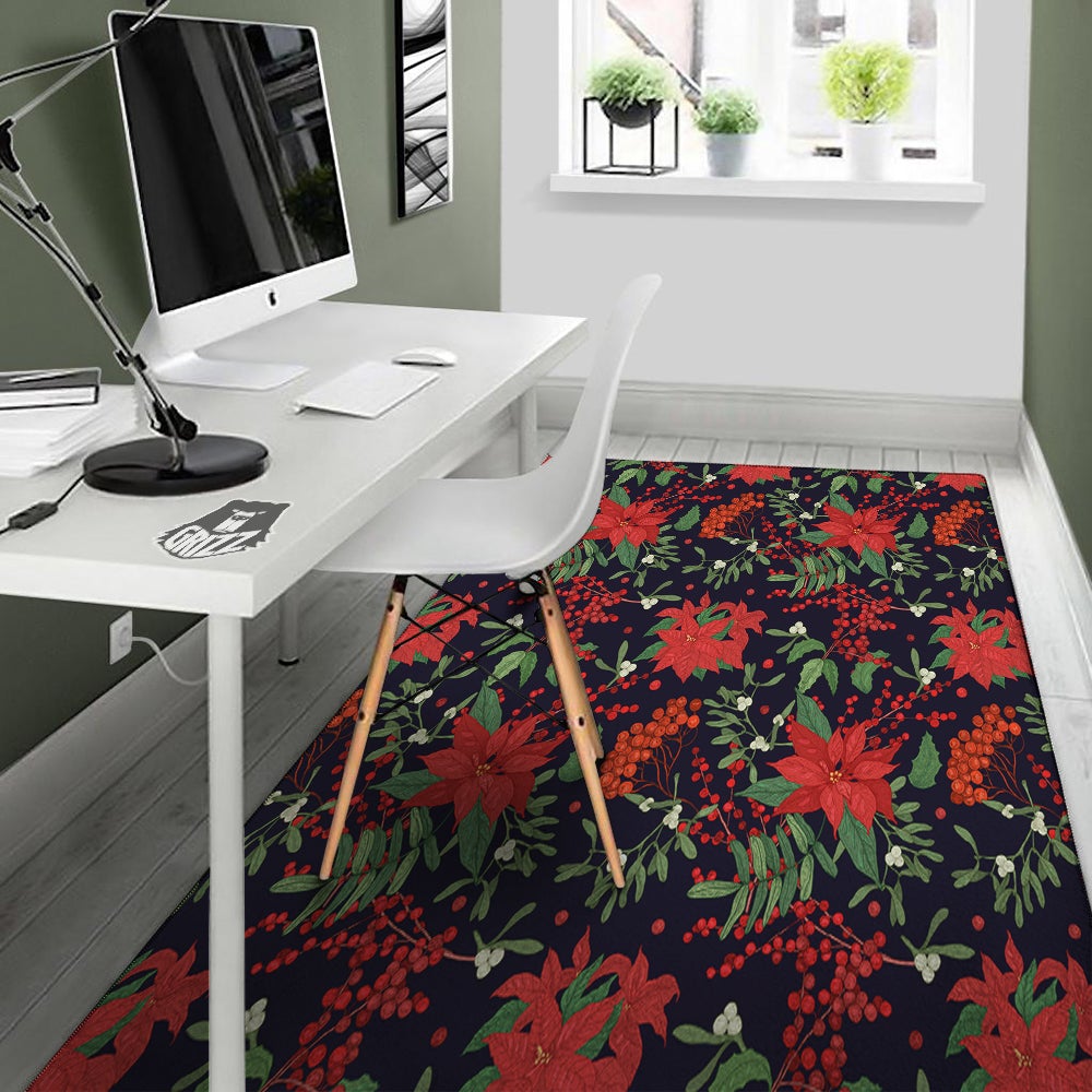 Poinsettia Xmas Print Pattern Floor Mat-grizzshop